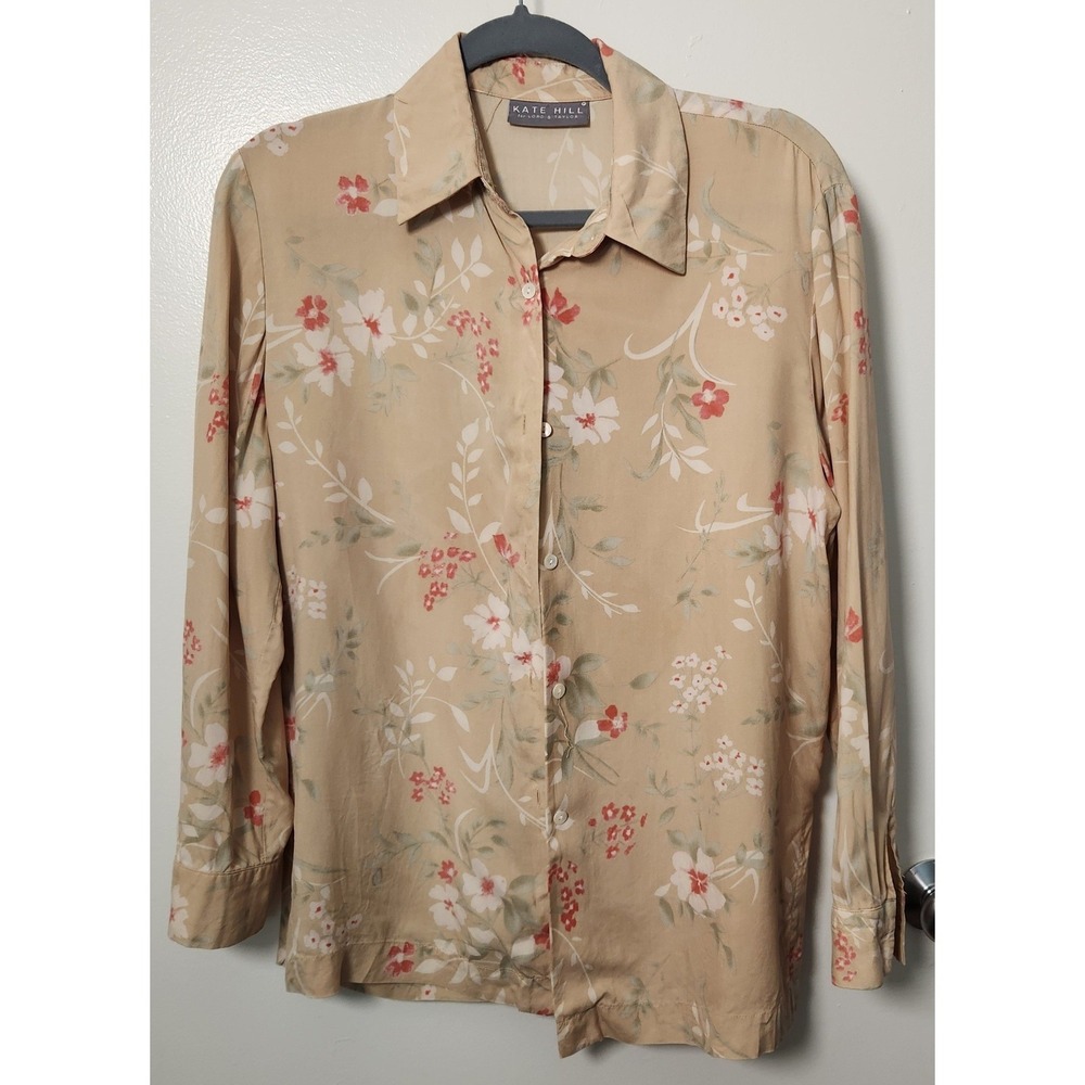 Kate Hill for Lord & Taylor 100% Silk Women's Floral Blouse Med Button Front